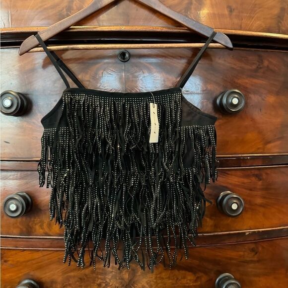 English Factory Faux-Leather Tiered-Fringe Tank Top Size Small - Picture 3 of 5